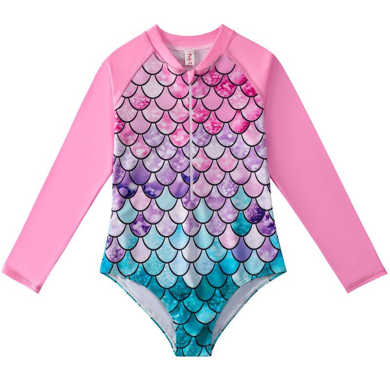 Girls' Long-Sleeve Mermaid One-Piece Swimsuit - Quick-Dry, Sun Protection