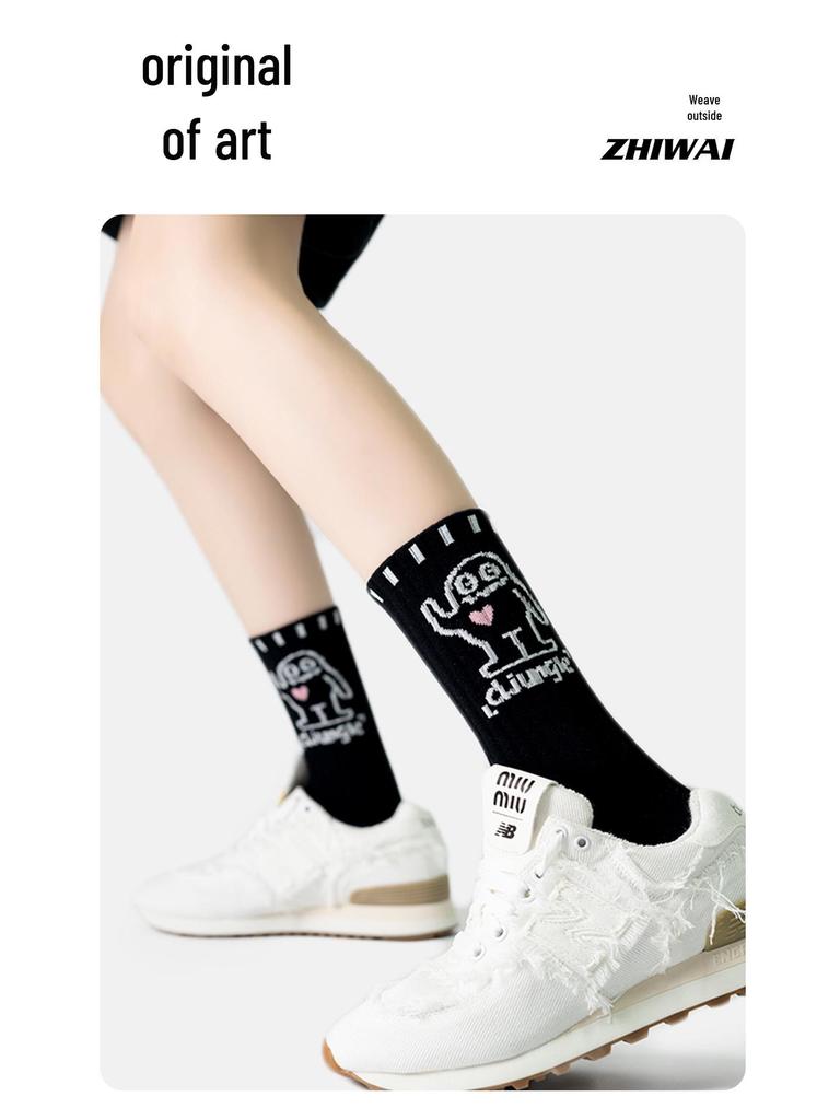 Women's Cute Graffiti Mid-Calf Cartoon Socks - Soft, Comfortable, and Trendy Black Cotton for Spring and Autumn.
