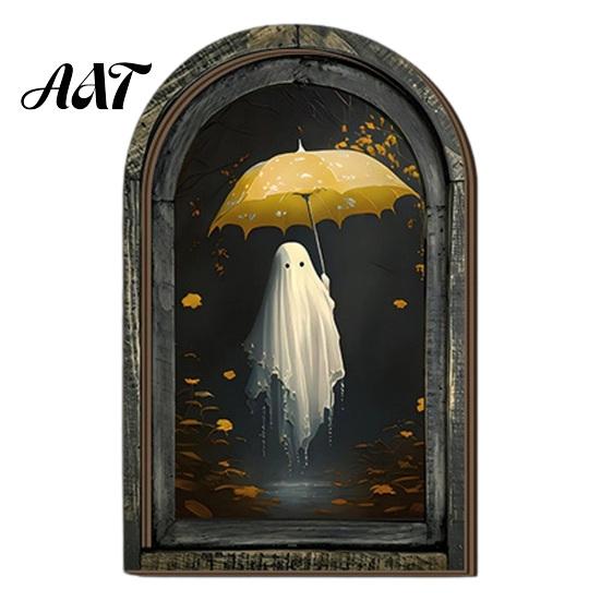 Unique Gothic Atmosphere Ornaments Halloween Arched Wooden Wall Hanging Plaque, Double-Layer Distressed Ghost Cat Ornament, Vintage Tabletop Entryway B