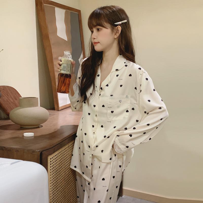Spring and Autumn Ice Silk Pajamas Women's 1011 Polka Dot Simulation Silk Sweet and Cute Lace Loungewear Set