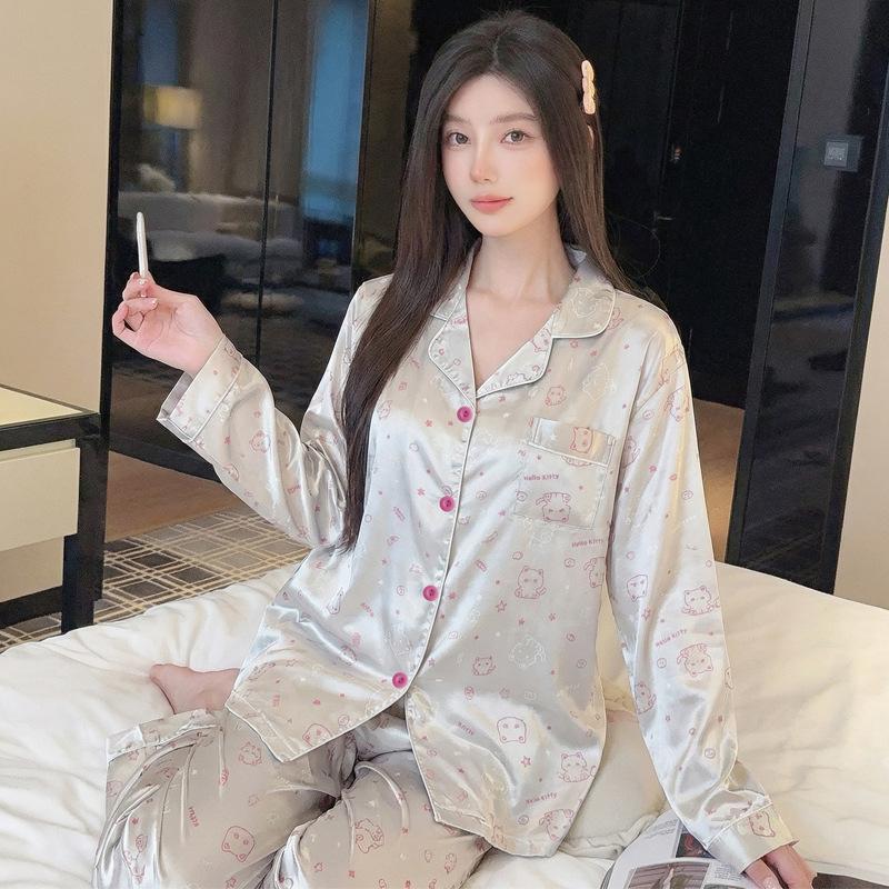 Ice Silk Pajamas Women'S Spring Thin Long-Sleeved Two-Piece Set, Sweet And Cool Loungewear Can Be Worn Outside