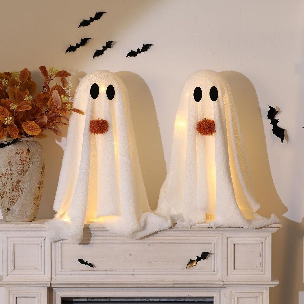 2 Pack with Pumpkin Light-Up Sherpa Ghosts Cute Ghost Tabletop Decor Halloween Decorations Party