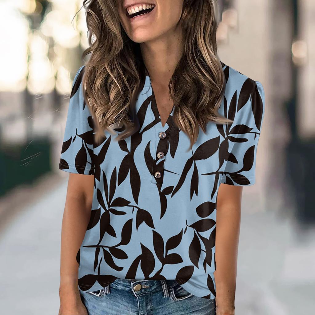 Hauts d'été pour femmes, mode décontractée avec imprimés floraux, col en V, manches courtes, t-shirt boutonné