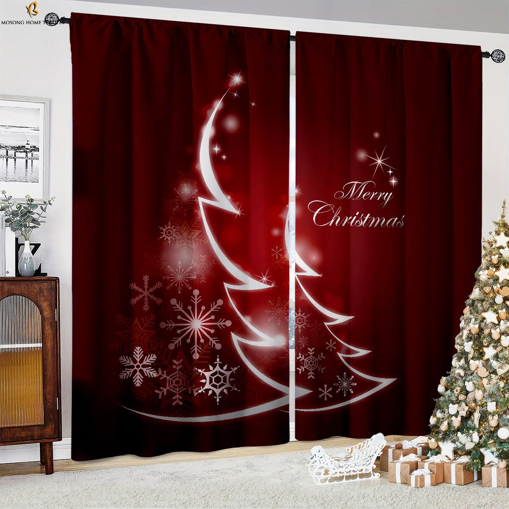 2pcs Christmas Snowman Christmas Tree Cartoon Printed Curtains Restaurant Bedroom New Year Decoration Curtains Children Gifts