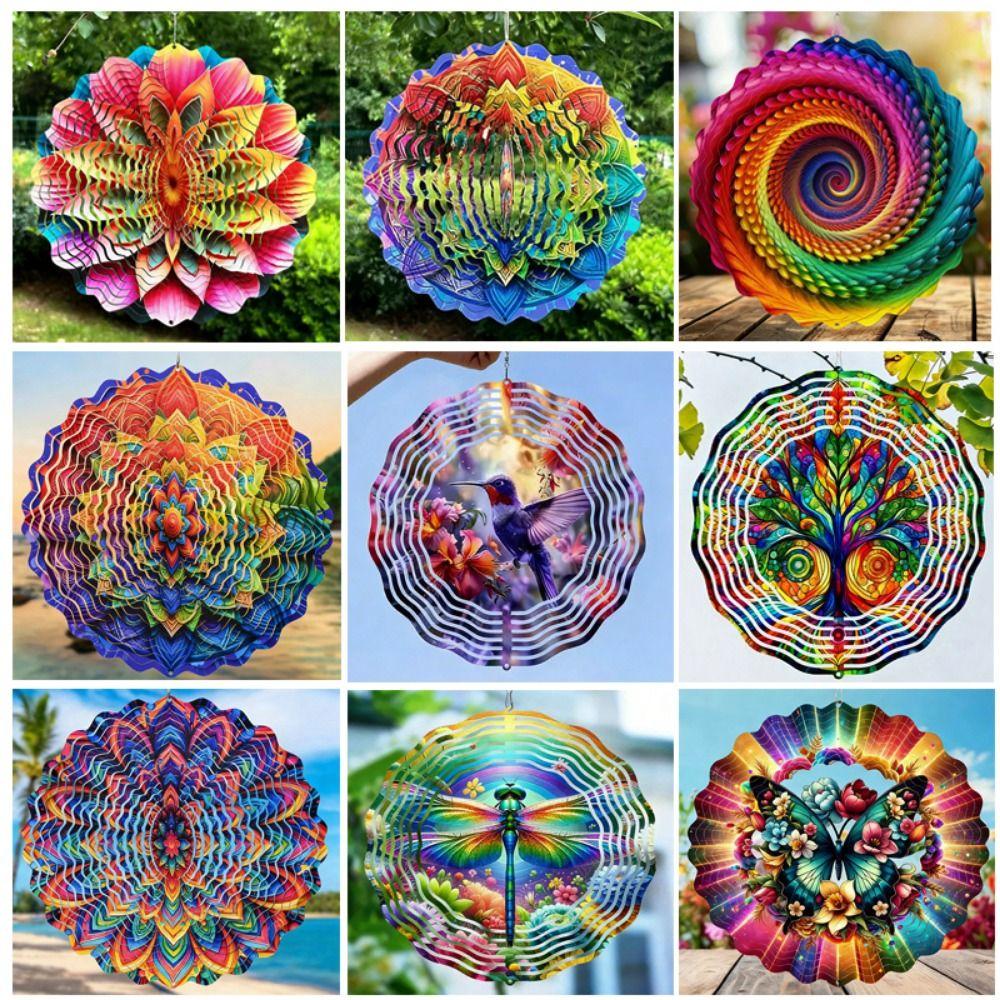10 Styles 3D Dynamic Rotating Wind Chime Metal 10cm Rainbow Tunnel-Style Wind Spinner Porch Hanging Ornament
