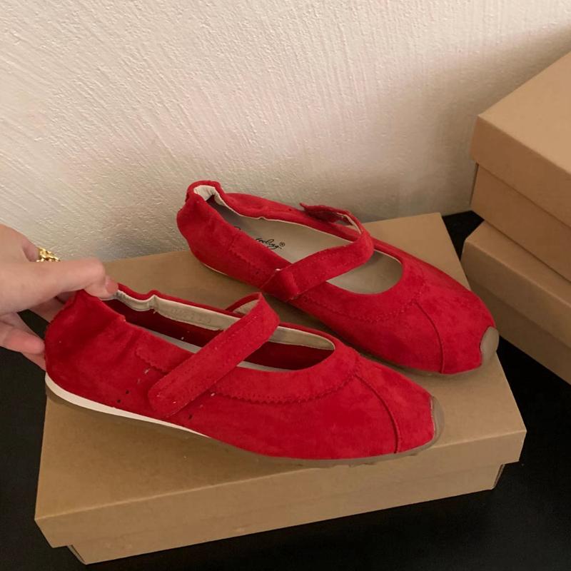 

Fashion SUOJIALUN 2025 Women Flat Shoes Fashion Round Toe Ladies Casual Dress Mary Jane Shoes Soft Flat Heel Outdoor Single Shoes 40 красный