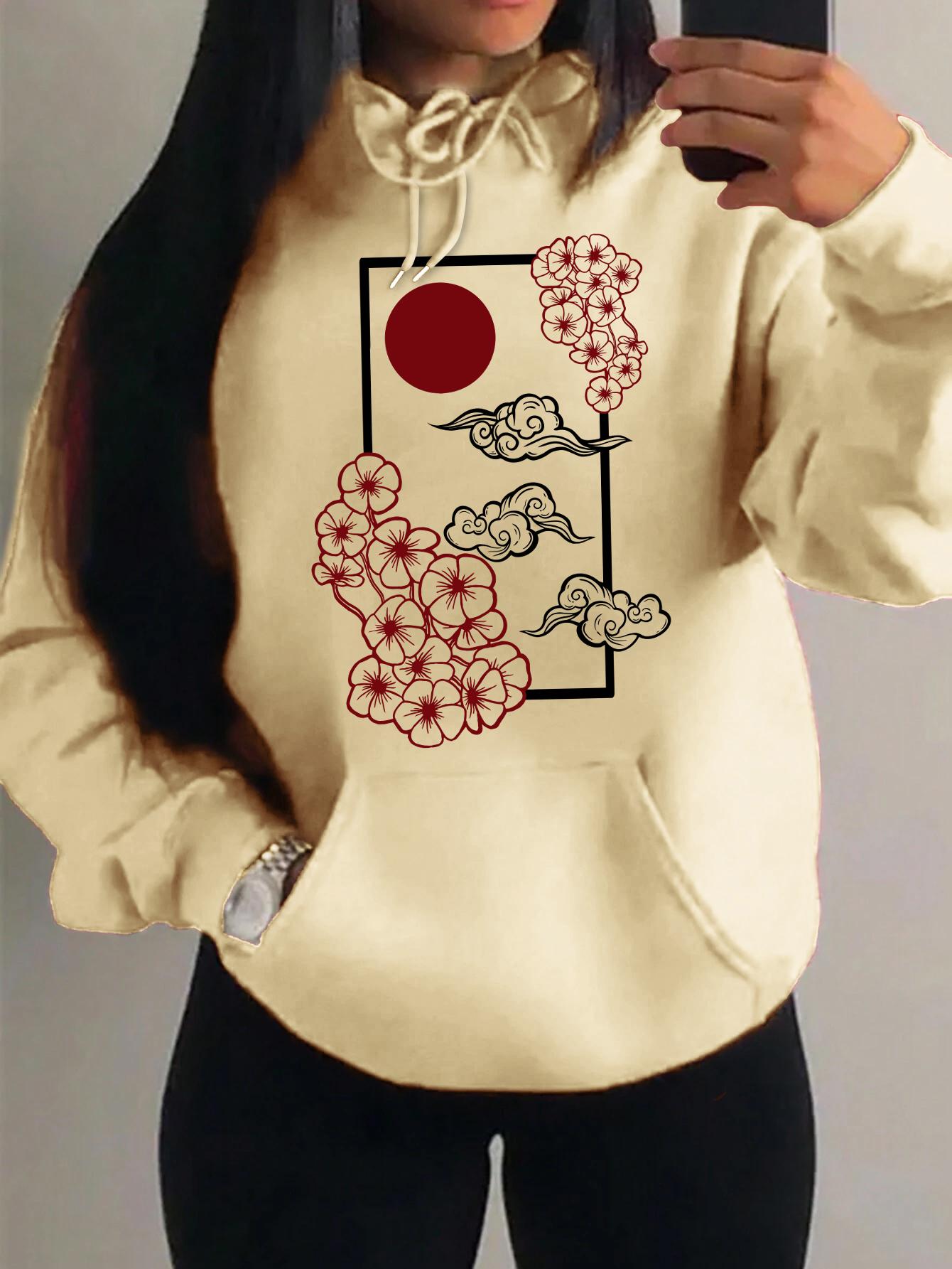 

Худи с принтом цветущей сакуры на закате в Харадзюку, женское осеннее, с карманом, свободная одежда, повседневный пуловер, худи Y2K, женский топ 3XL