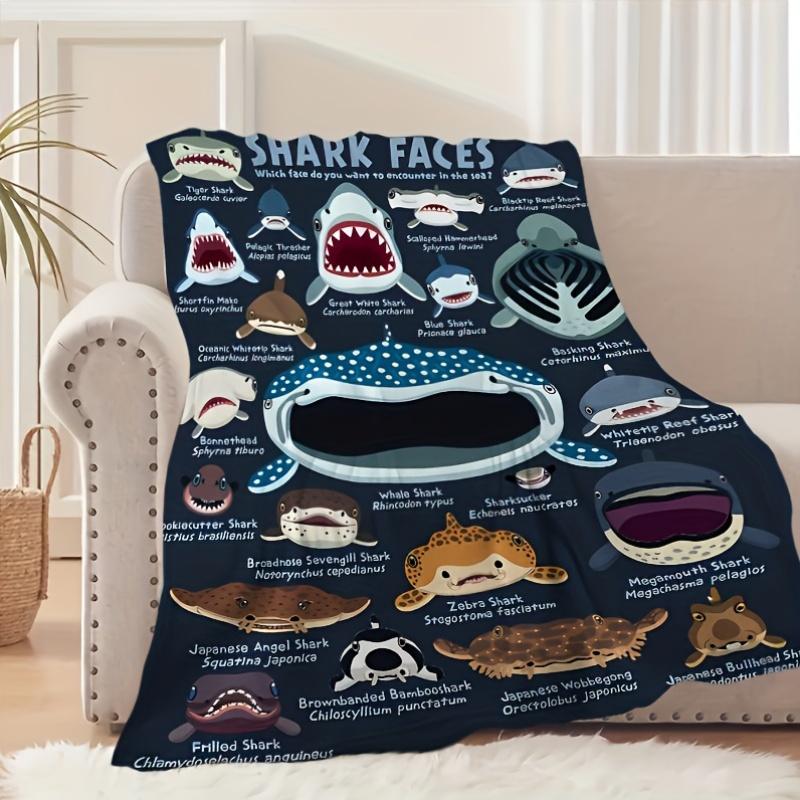 

Multipurpose for Travel, Camping, Sofa - Coastal Style, Animal Theme PrintedShark Faces Flannel Throw Blanket 75cmx90cm