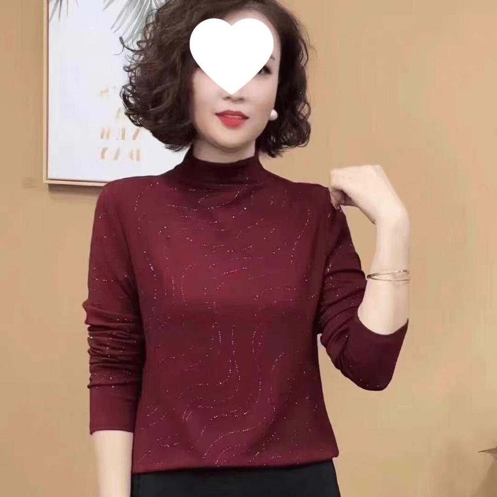 Autumn/Winter Heavy Drilling High Neck Long Sleeve Tummy Concealing Age-Reducing Top for Middle-Aged & Elderly Women
