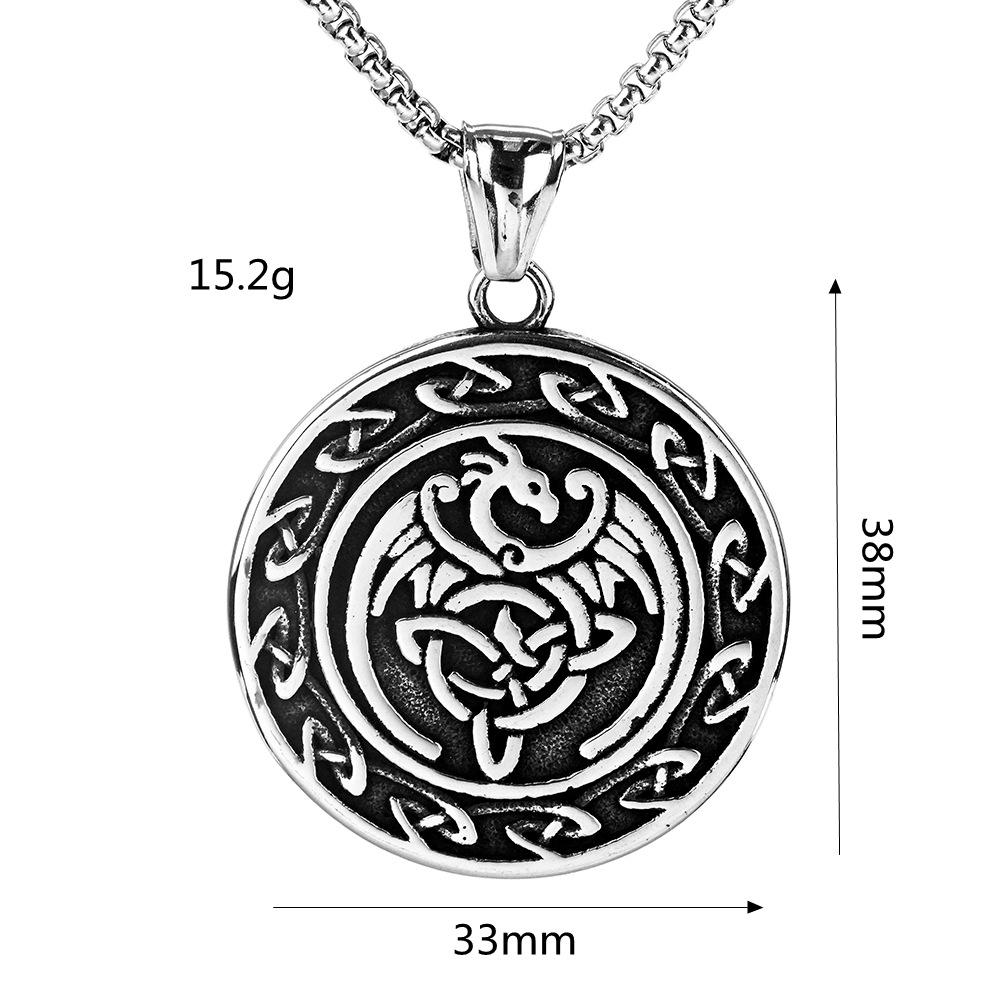 Vintage Stainless Steel Men's Pendant Celtic Knot Double Sided Dragon Round Medallion Necklace