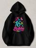Black Pullover Hoodie Featuring Vibrant "It'S My 16Th Birthday" Graphic with Crown, Butterflies, And Bunting Flags, Casual Sweatsh