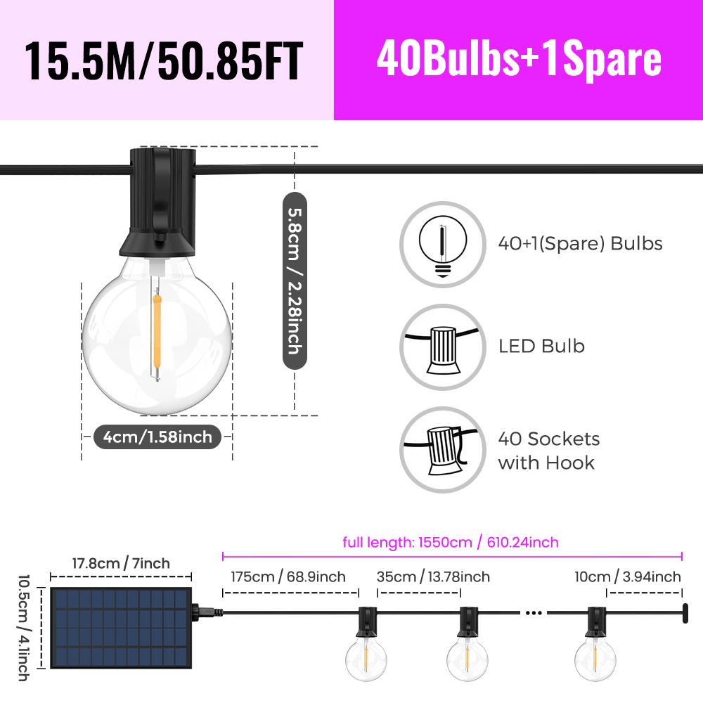 Solar String Lights Outdoor G40 Patio Lights with LED Shatterproof Bulbs,Weatherproof Hanging Lights for Backyard Bistro