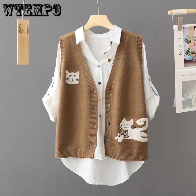 Autumn Women's Knitted Vest Loose Sweater Tank Top Single Breasted Sleeveless V-neck Tops Vest