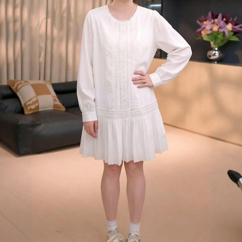 

Plus-Size Women s Korean-Style Round-Neck Lace Hollow-Out Long-Sleeve Dress 2026 Spring Elegant Versatile Dress White Cropped 2XL