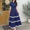 Women Casual Turn Down Collar Loose Short Sleeve Long Dress