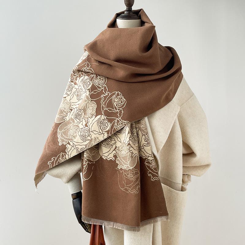 Warm Rose Clusters Fashionable and Elegant Women Contrasting Color Wind Imitation Cashmere Scarf Office Blanket Shawl Scarf