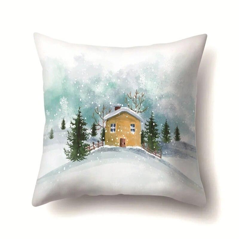 45x45cm Cartoon Fawn Snow Scene Pillow Cover Living Room Sofa Office Seat Car Waist Cushion   Home Decoration
