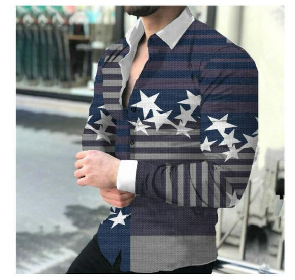 2025 European & American Men's Casual Plus Size Printed Long-Sleeve Shirt