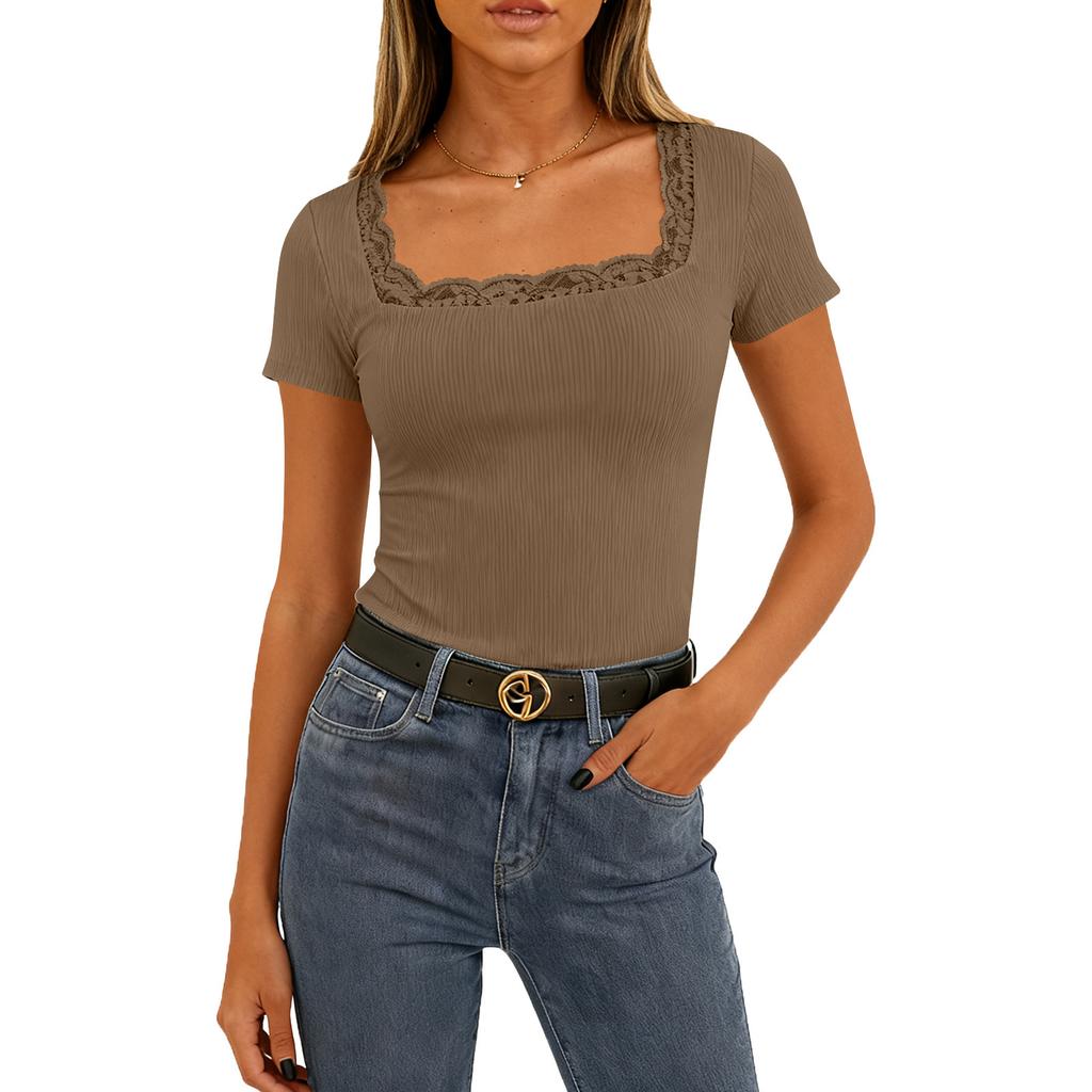 Women's Casual Lace Stitching Short Sleeve Square Collar Top