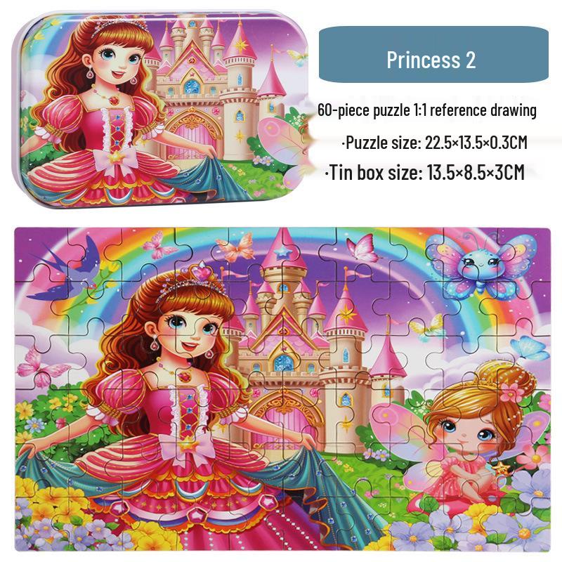 60-Piece Children's Wooden Cartoon Jigsaw Puzzle in Tin Box for Early Education