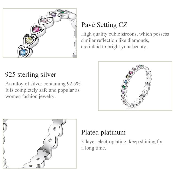 BAMOER 925 Sterling Silver Exquisite Original Colorful Heart-shaped Zircon Ring for Women Fine Jewelry