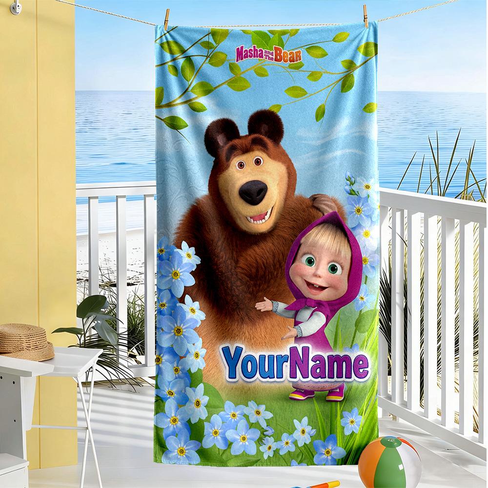 Masha Bear Customize Your Name Beach Towel Super Soft Microfiber Quickdry Fabric Perfect for Traveling Yoga Camping and Swimming