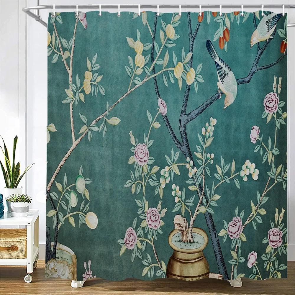 Duschvorhänge im chinesischen Stil mit Blumen und Vögeln, wasserdicht, Badezimmervorhang aus 3D-bedrucktem Stoff mit Haken, Dekoration, Duschvorhang