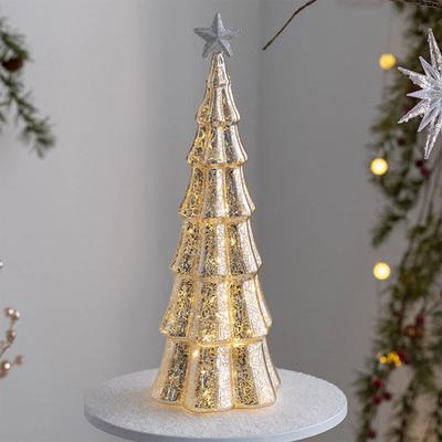 Illuminated Glass Christmas Tree, Crackled Glass Lighted Tree Figurine For Holiday Home Centerpiece Decor