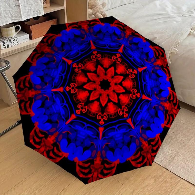 

1pc Red Blue Mandala Pattern Fashionable Automatic Opening/Closing Folding Umbrella with 8 Iron Bones, Plastic Handle yy251015099
