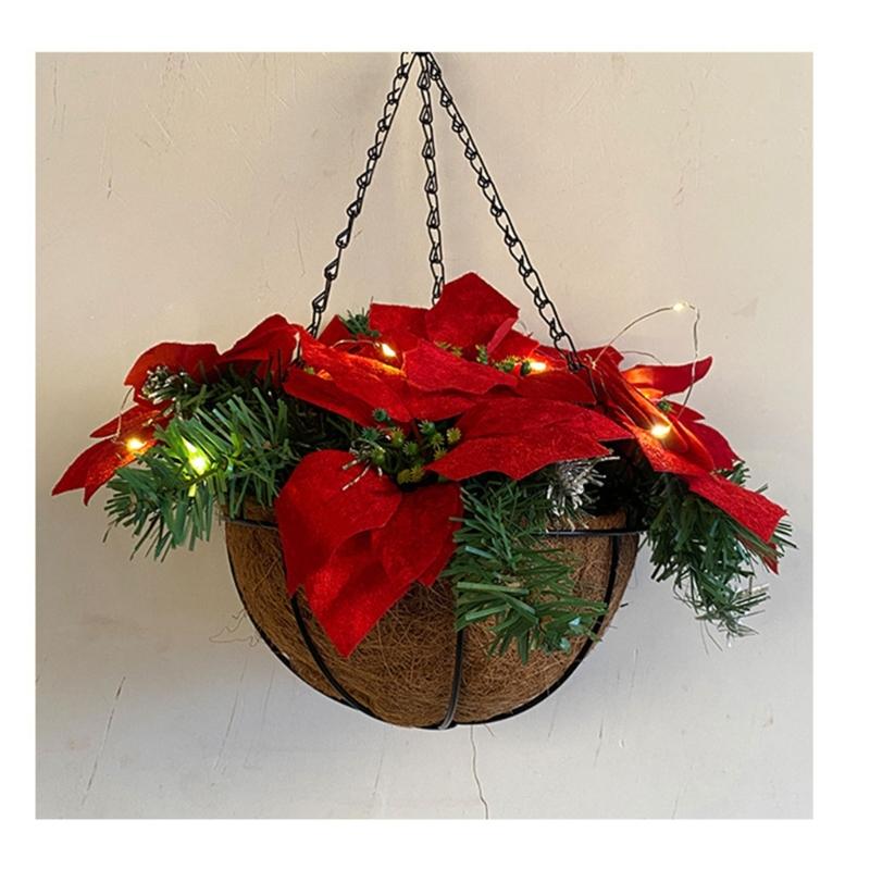 Artificial Poinsettia Floral Red Flowers Hanging Basket with LED Lights Christmas Hanging Basket Create Warm Atmosphere