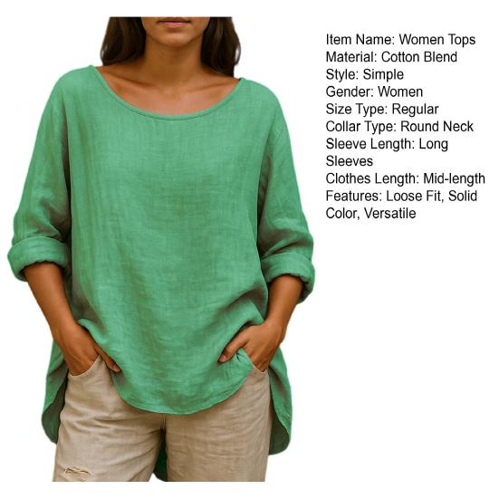 Women Tops Round Neck Long Sleeve Loose Fit Casual Blouse Breathable Soft