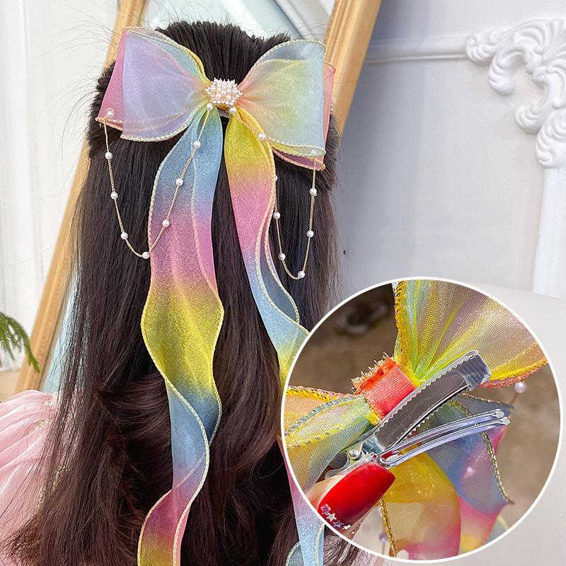Perlenkette Mädchen Netz-Streamer Haarspangen Schleifen Schleifenknoten Quaste Pferdeschwanz-Klammern Farbverlauf Flecht-Haarnadel-Klemmen Haar-Accessoires