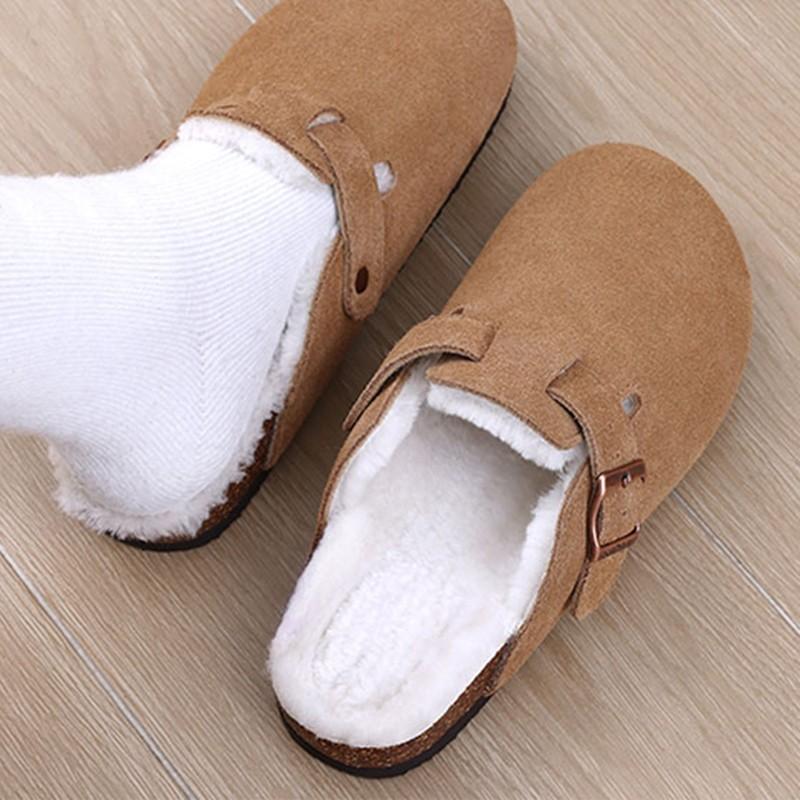 Mules d'hiver tendance Smile pour femmes, pantoufles d'extérieur confortables et tendance pour femmes, doublées de fourrure et chaudes, sabots en daim pour femmes avec boucle réglable