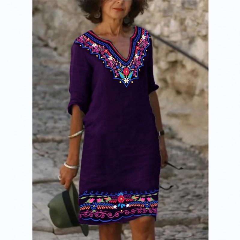 European American Women s Clothing Casual Ethnic Style V-neck Retro Printed Dress Temperament Commuting S фиолетовый