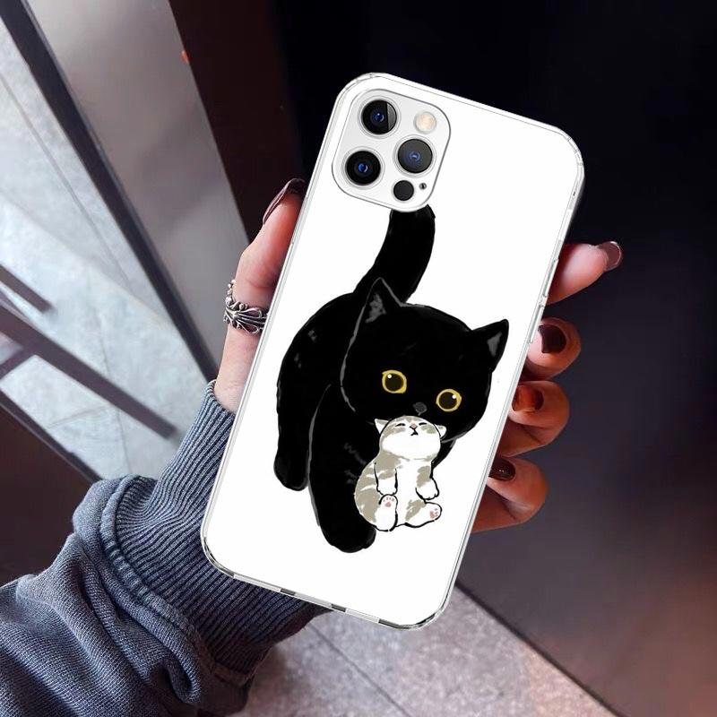 Cartoon Cute Black Cat Phone Case For iPhone 17 Air 16 15 Pro Max 14 Plus 13 Mini 12 11 Cover 7 8 SE Silicone Shell Print Fundas