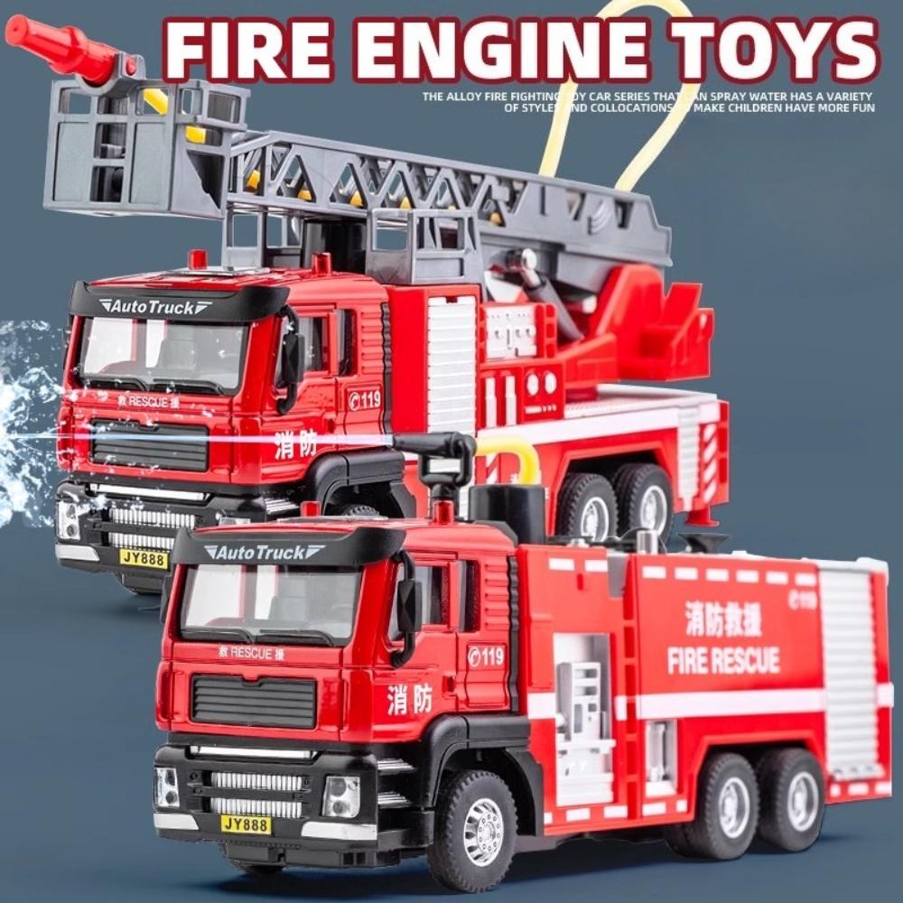 1:50 Scale Fire Engine Car Model Toy Metal Die-cast Water Spray Light Sound Pull Back Engineering Vehicle Models Boys Gifts