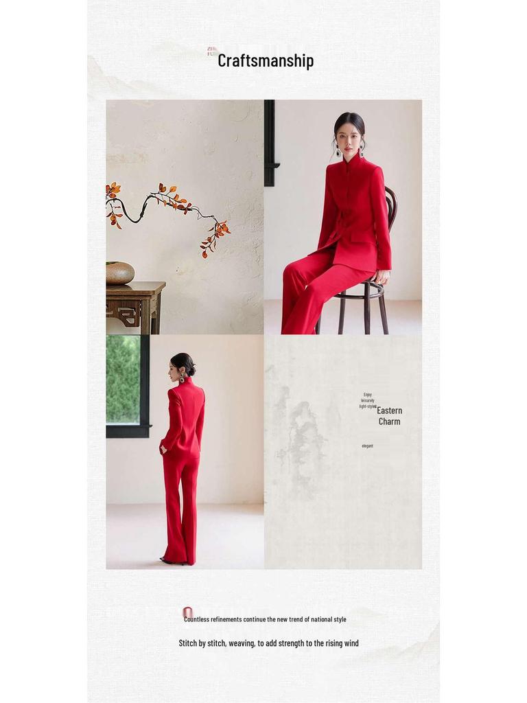 Women's Elegant Chinese Red Suit - 2025 Acetate Formal Wear for Banquets & Events