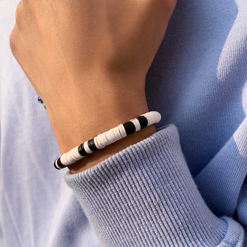 Bohemian Style Versatile Black and White Patchwork Soft Clay Bracelet Simple Geometric Men's Bracelet