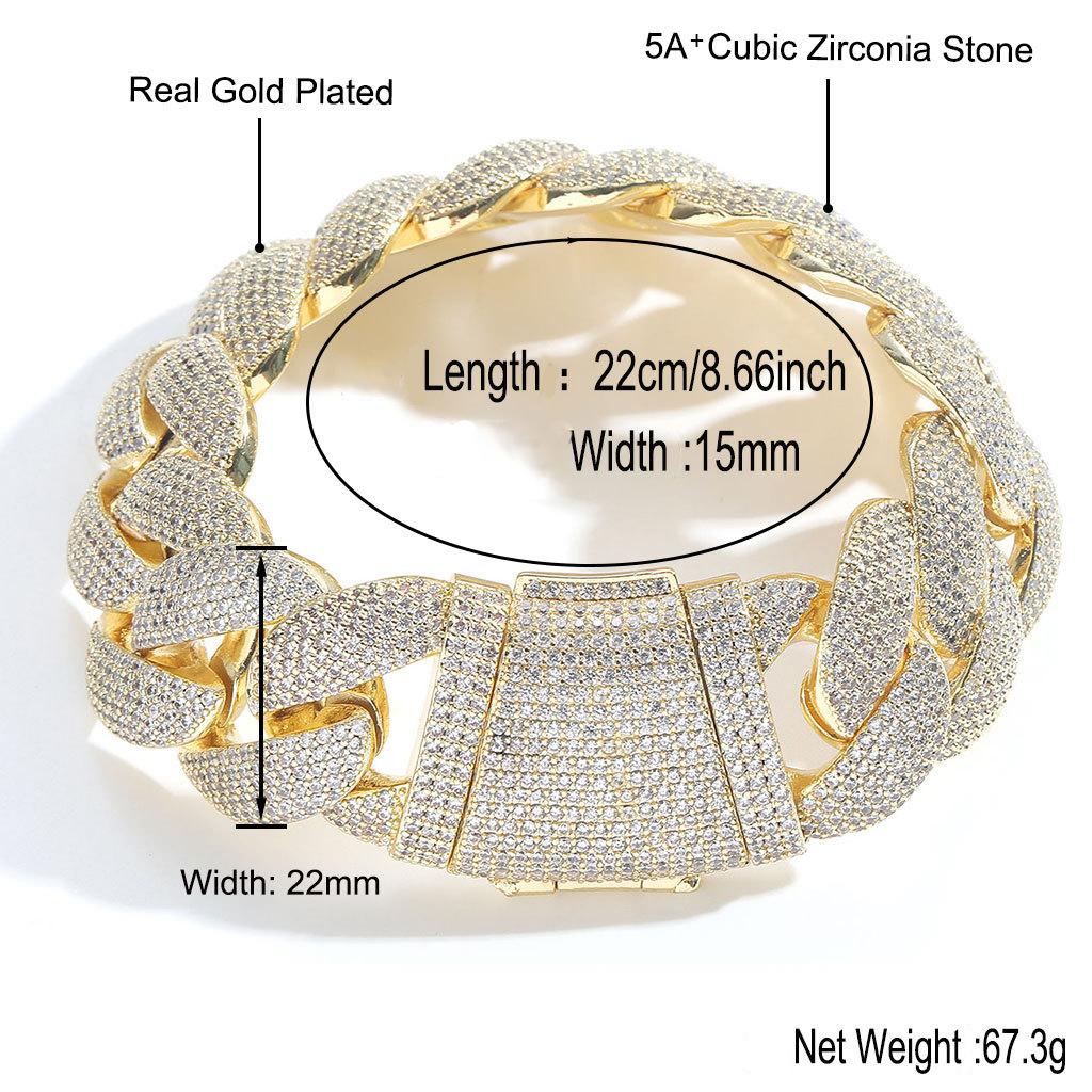 Hip Hop 22mm 18k Gold Plated Cuban Chain Link Geometric Fine Fashion Unisex Luxury Iced Zircon Big Bracelet Charms Gift
