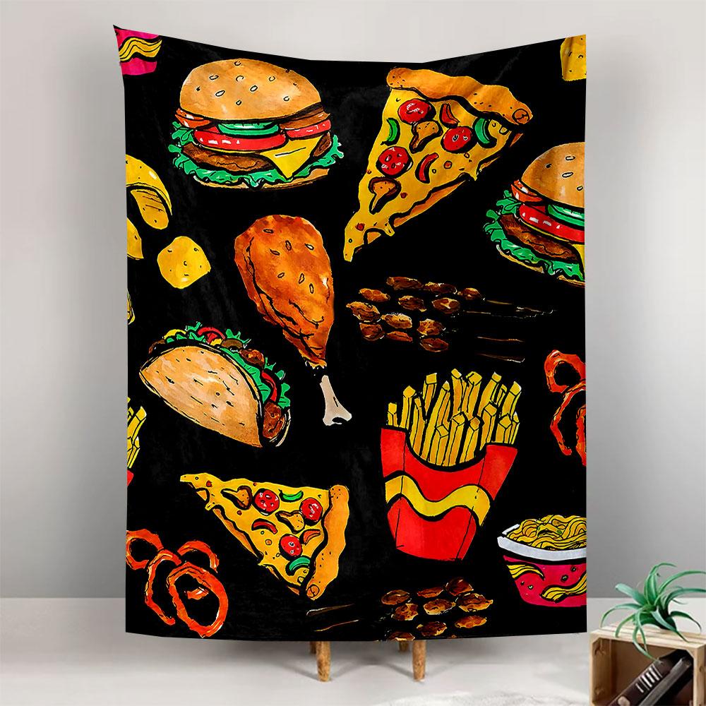 Junk Food Wall Tapestry Burger Pizza Fries Taco Chicken Watercolor Black Pattern Decor for Kitchen Diner Gift