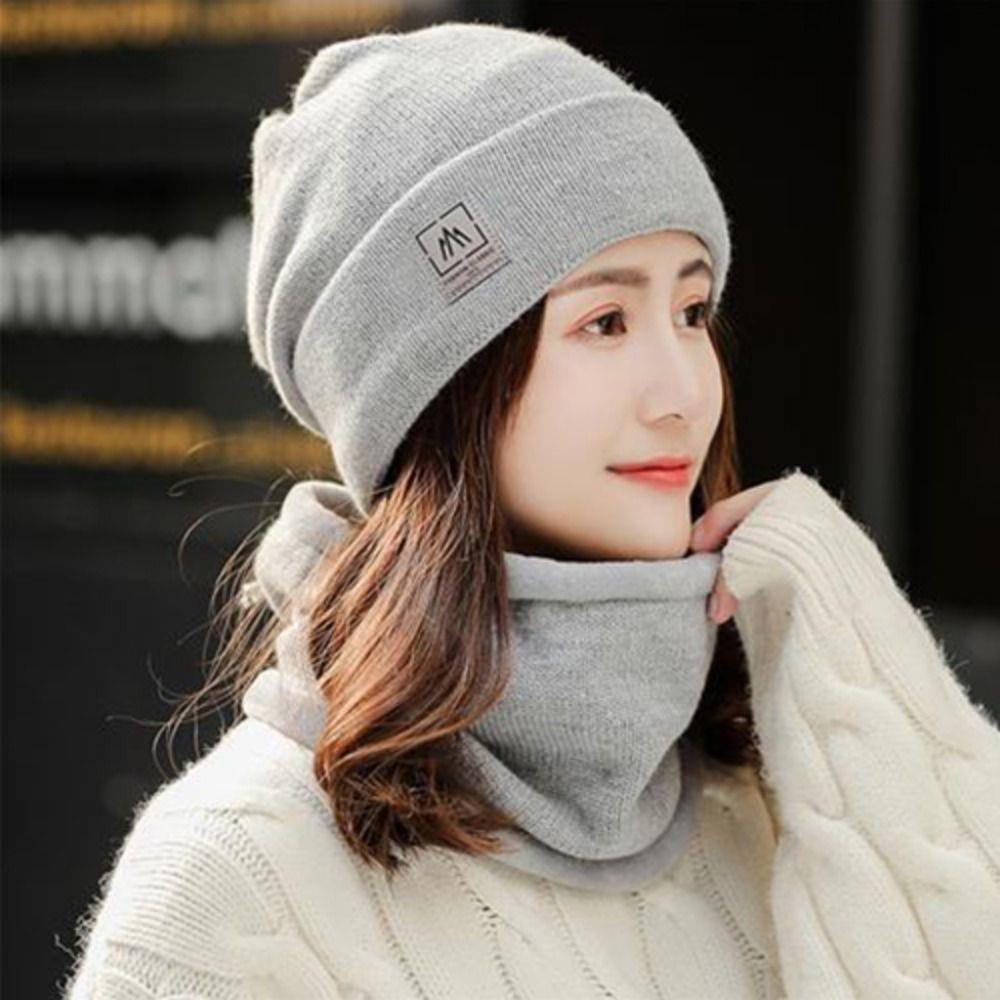 Thicken Plus Velvet Scarf Warm Knit Hat Cold-proof Neck Cover Solid Color Beanies Caps  Mens Womens