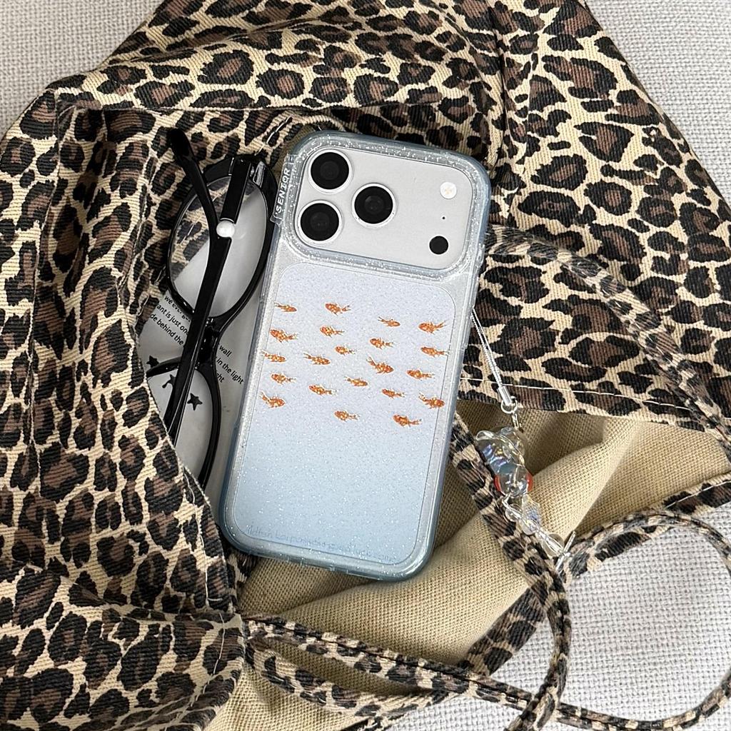 Korean Style Gold Foil Goldfish Phone Case for iPhone 14/15/16/17 Pro Max