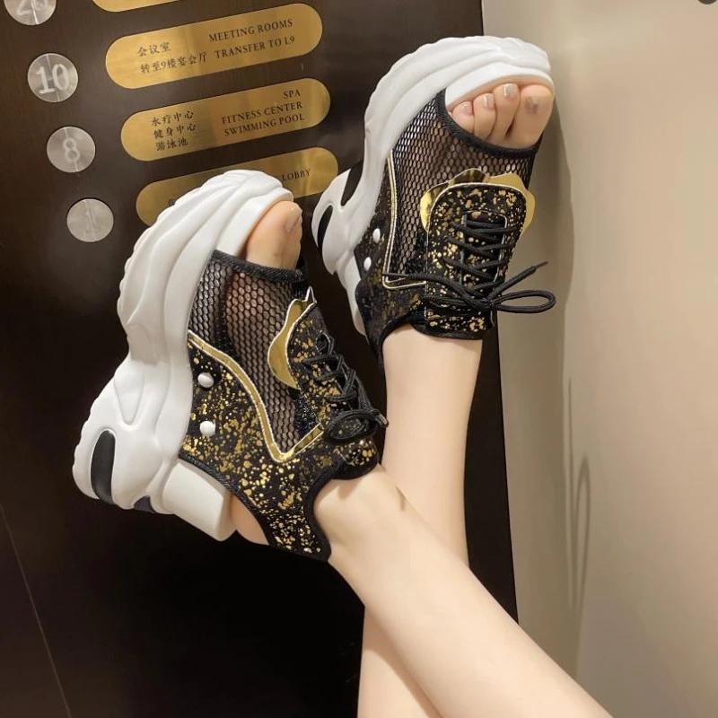 Fashion Air Mesh Breathable 8cm Women Sandals 2024 New Comfortable Shoes Fashion Summer Fish Toe Platform Wedge High Hidden Heels Ladies