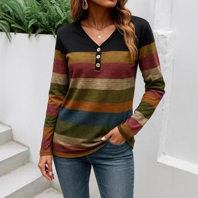 New Women's Casual V-neck Long-sleeved Loose Pullover Digital Printed Women's T-shirt