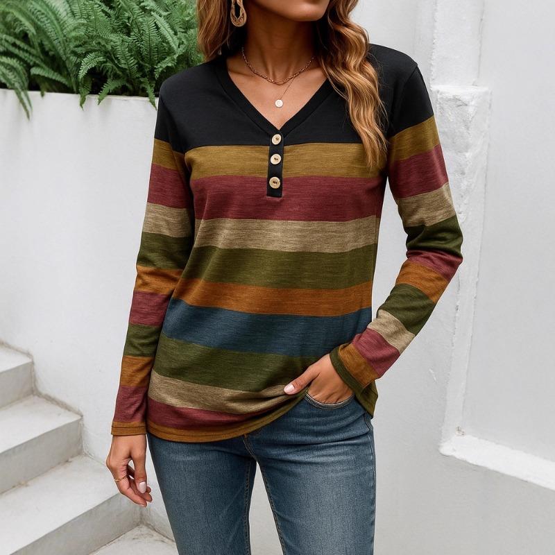 

Новая женская повседневная футболка с V-образным вырезом, длинными рукавами, свободного кроя, пуловер с цифровым принтом S коричневый