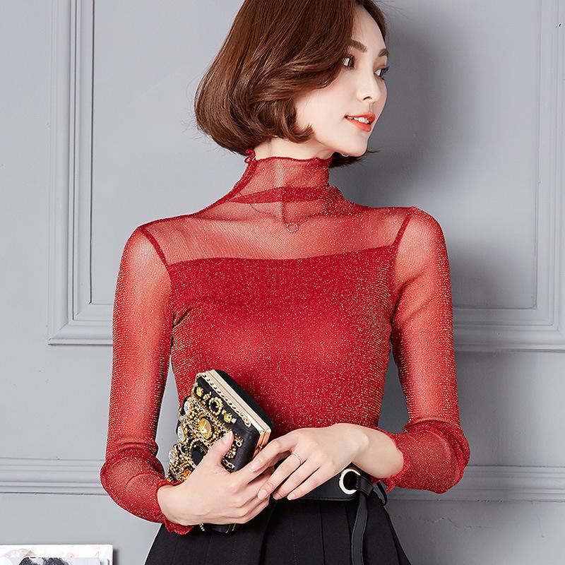 2024 Damen High-Neck Patchwork Mesh Top mit Gold- & Silberfäden - Vielseitige Langarm See-Through Basisschicht