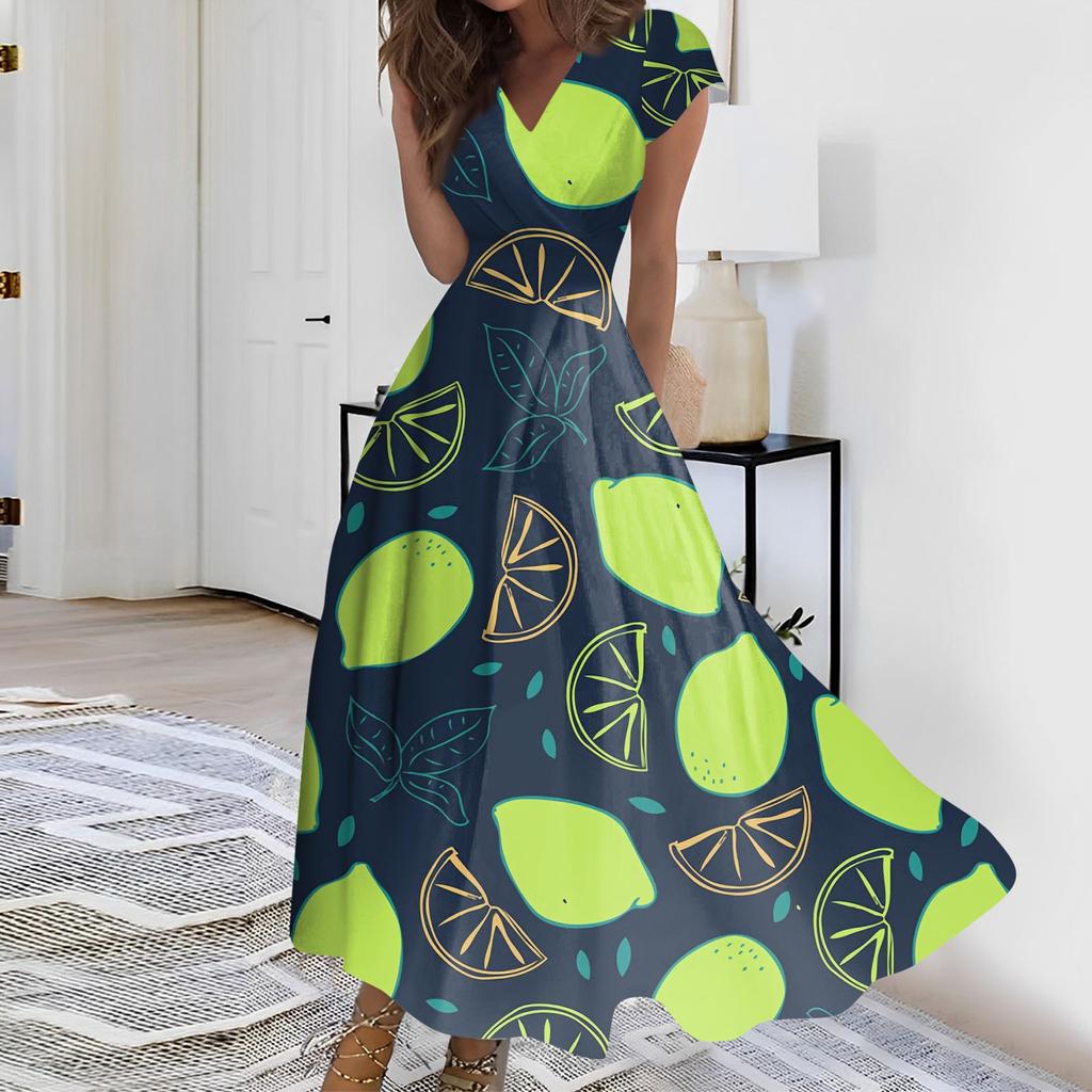 Women's Summer Fruit Printed V-Neck Long Dresses Dresses