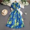 Holiday Style French Floral Smudge Dress Women's Summer New Lace-up Waist Thin Elegant Pleated Chiffon Skirt