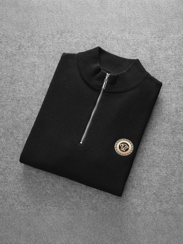 European Autumn/Winter Men's Slim Fit Embroidered Wool Half-Zip Sweater
