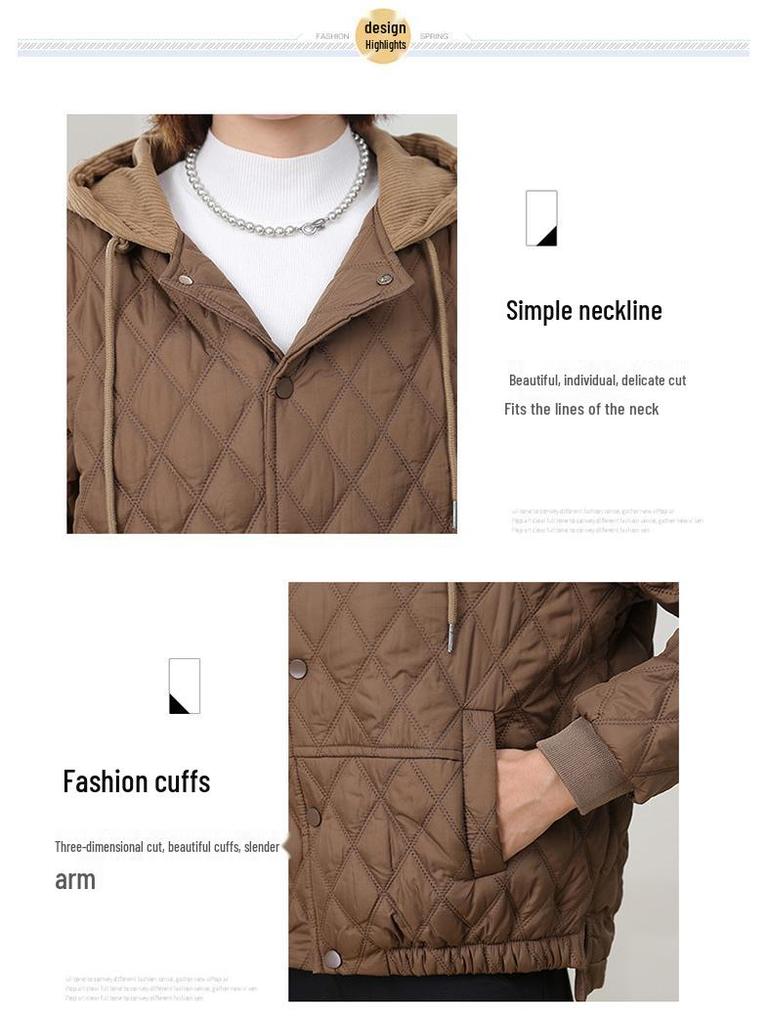Women's Winter 2025 Rhombus Hooded Cotton-Padded Jacket - Trendy Petite Lightweight Outerwear
